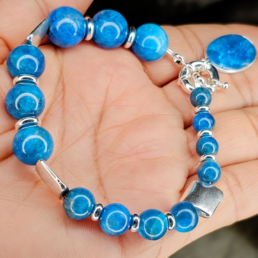 Azure AAA Apatite Beaded Bracelet with Silver Pewter Accents